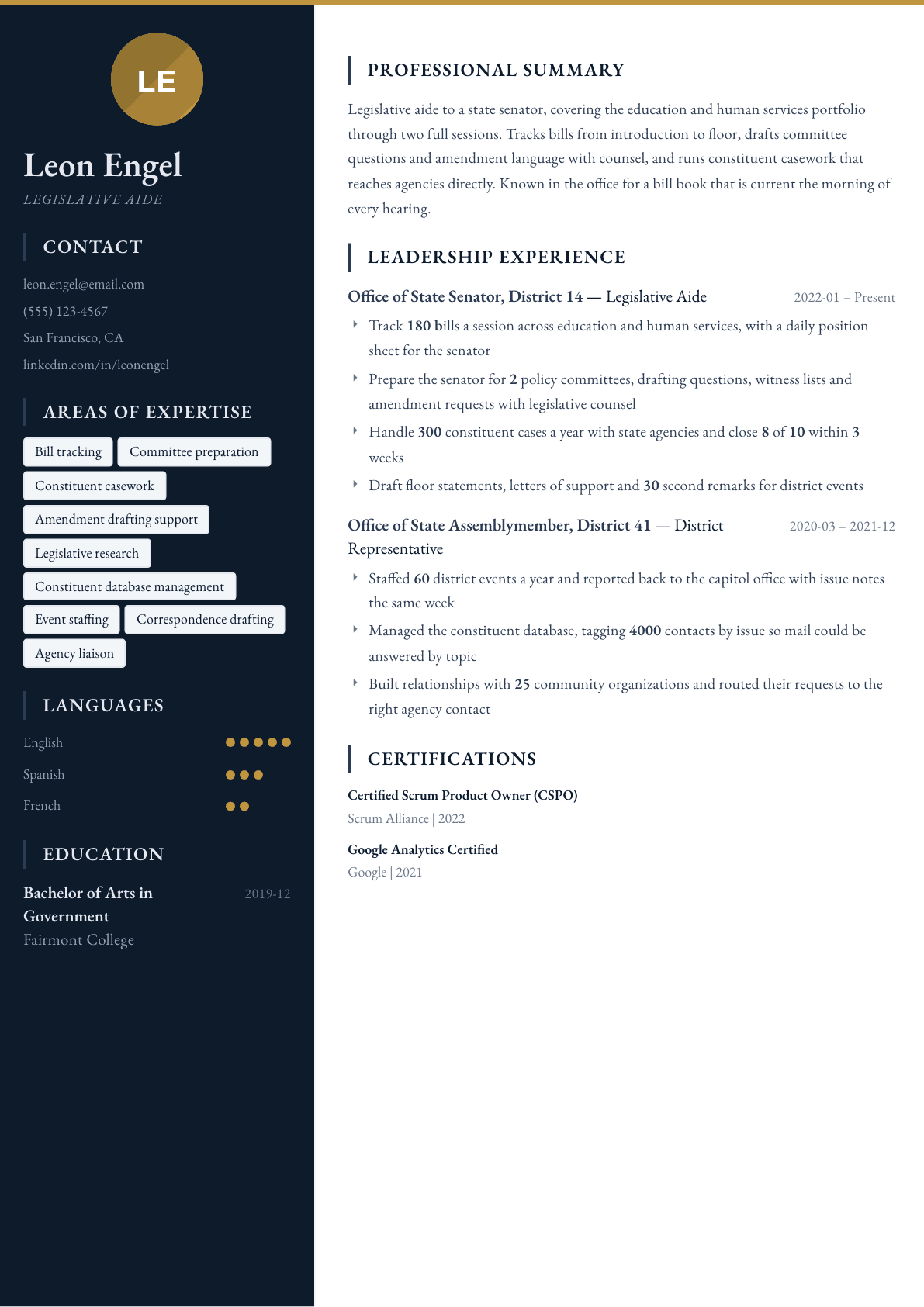 Legislative Aide resume example, Presidio template