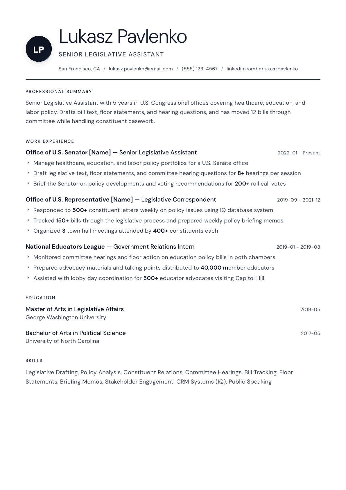 Legislative Assistant resume example, Stockholm template