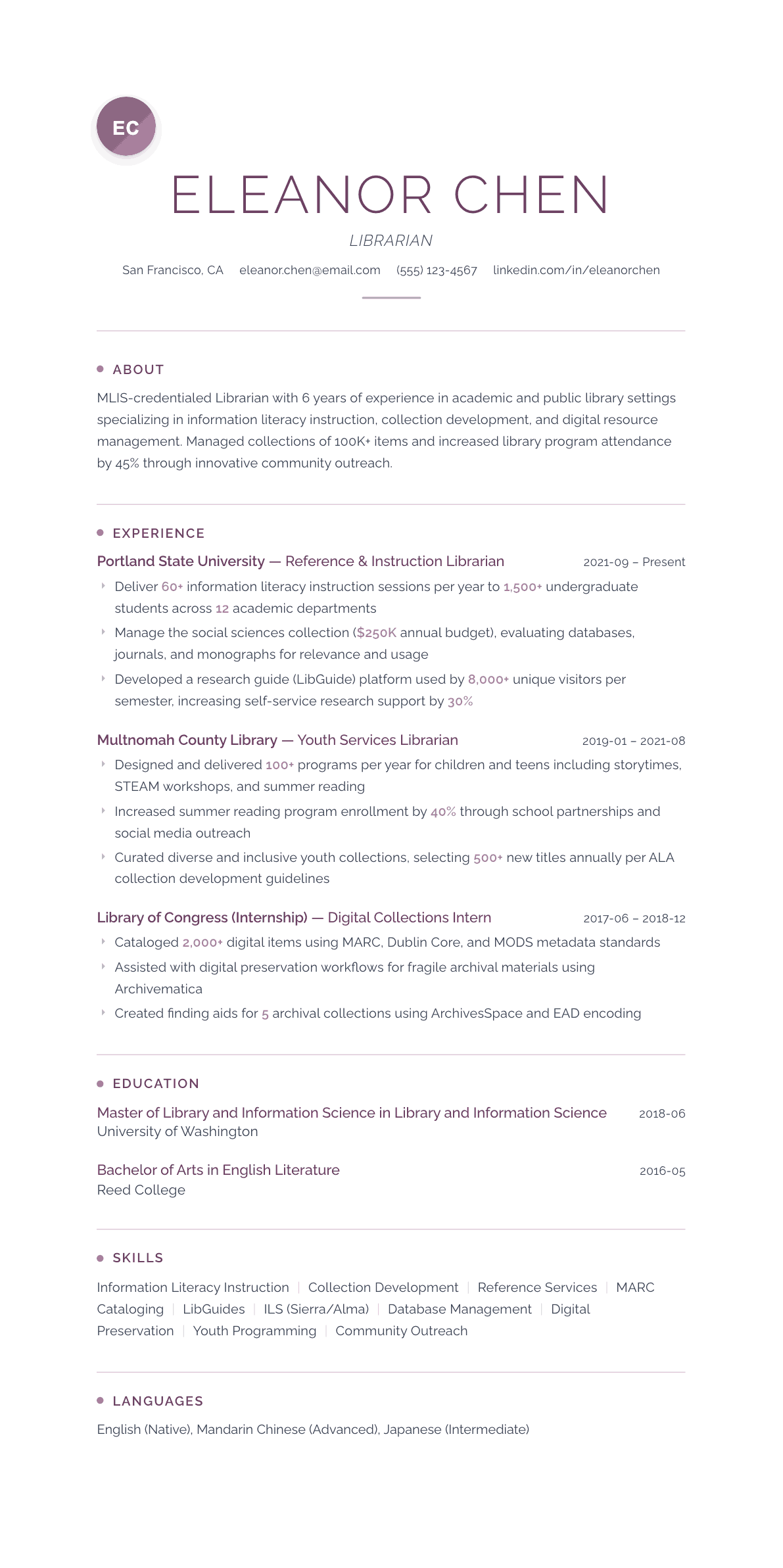 Librarian resume example, Serenity template