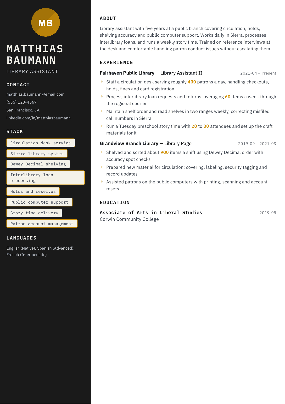 Library Assistant resume example, Neon template