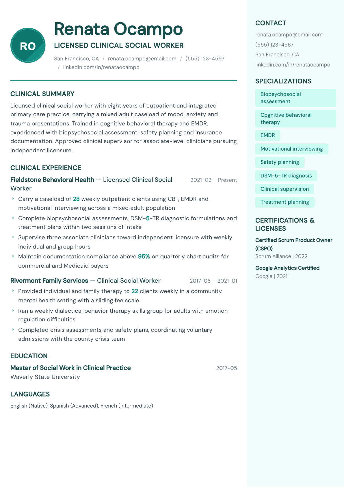 Licensed Clinical Social Worker resume example, Remedy template