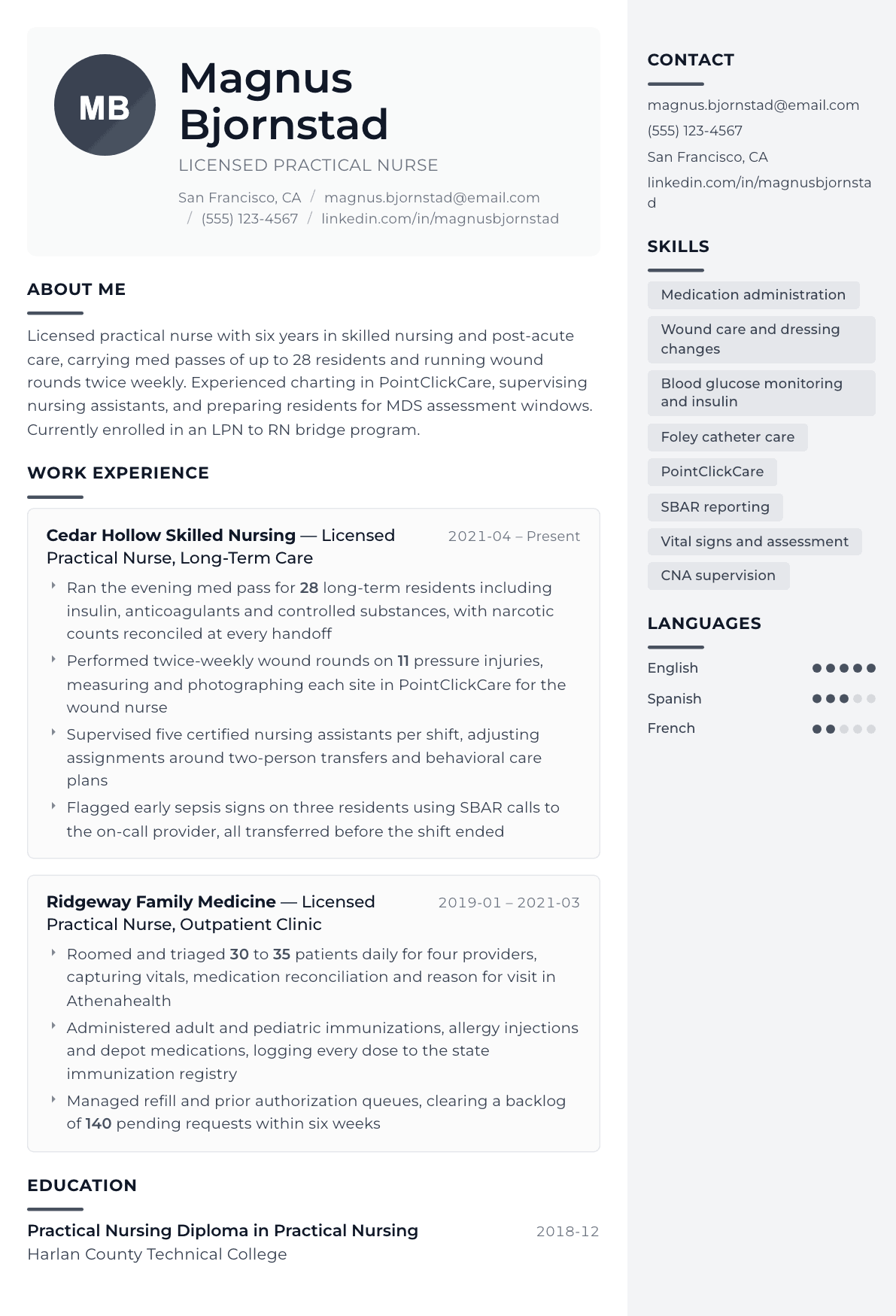 Licensed Practical Nurse resume example, Metropolitan template