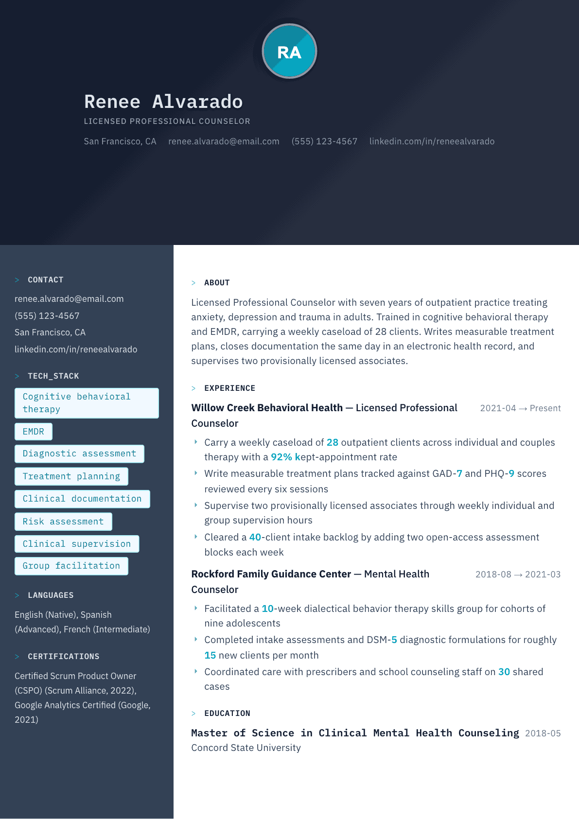 Licensed Professional Counselor resume example, Code Terminal template
