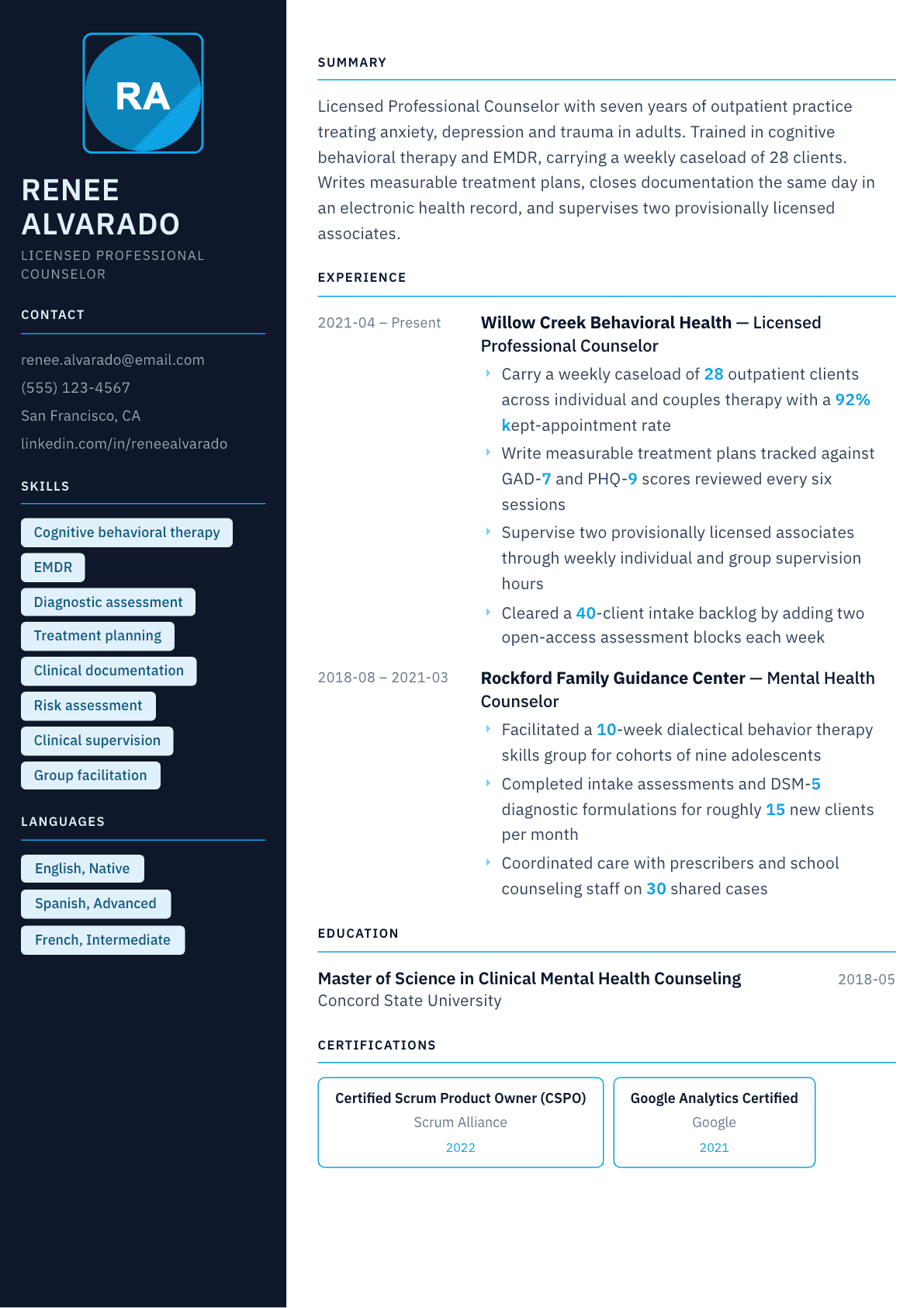 Licensed Professional Counselor resume example, Everest template
