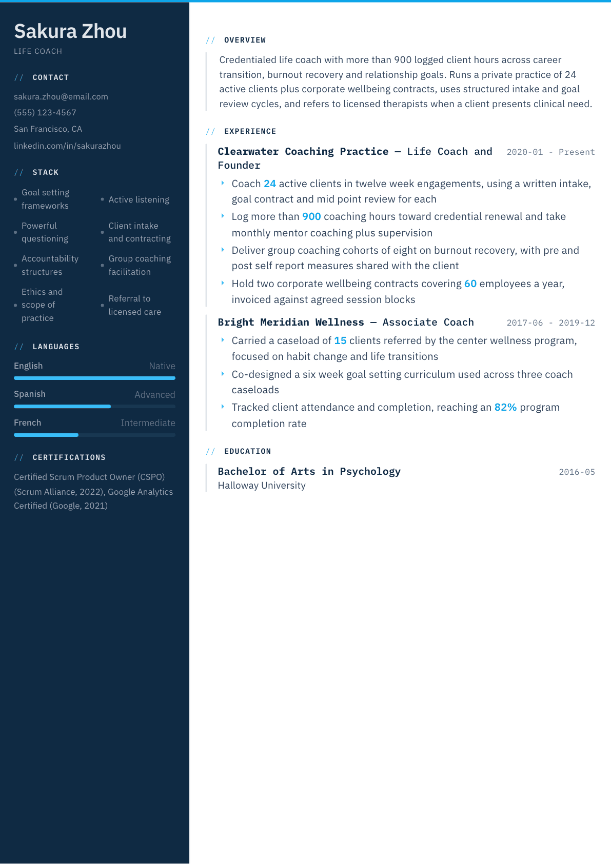 Life Coach resume example, Datum template