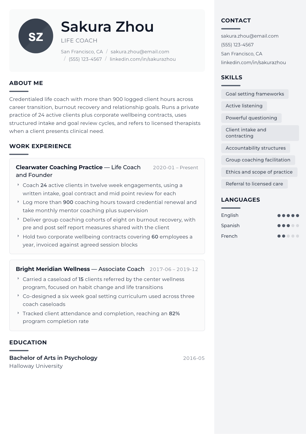 Life Coach resume example, Metropolitan template