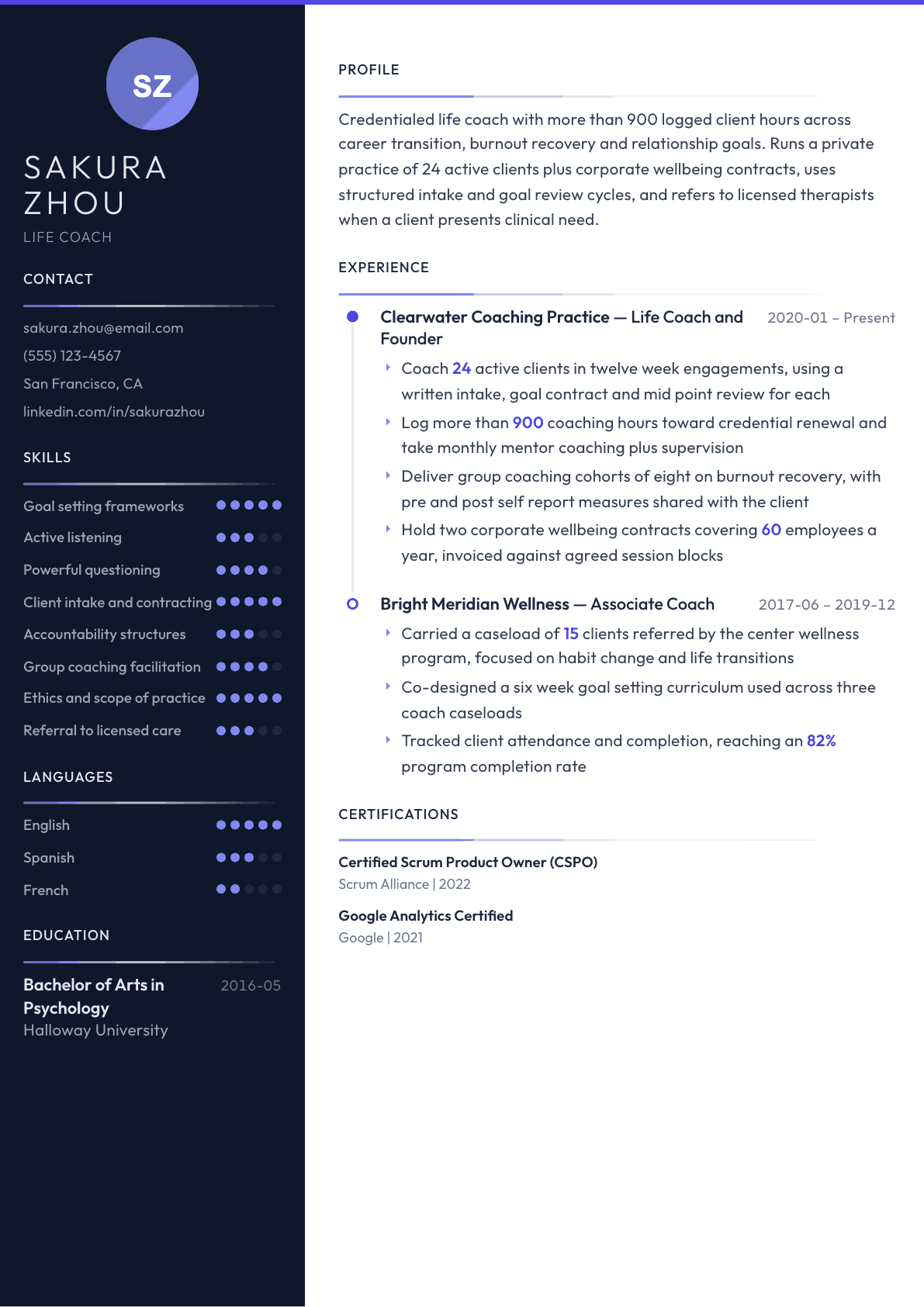 Life Coach resume example, Zenith template