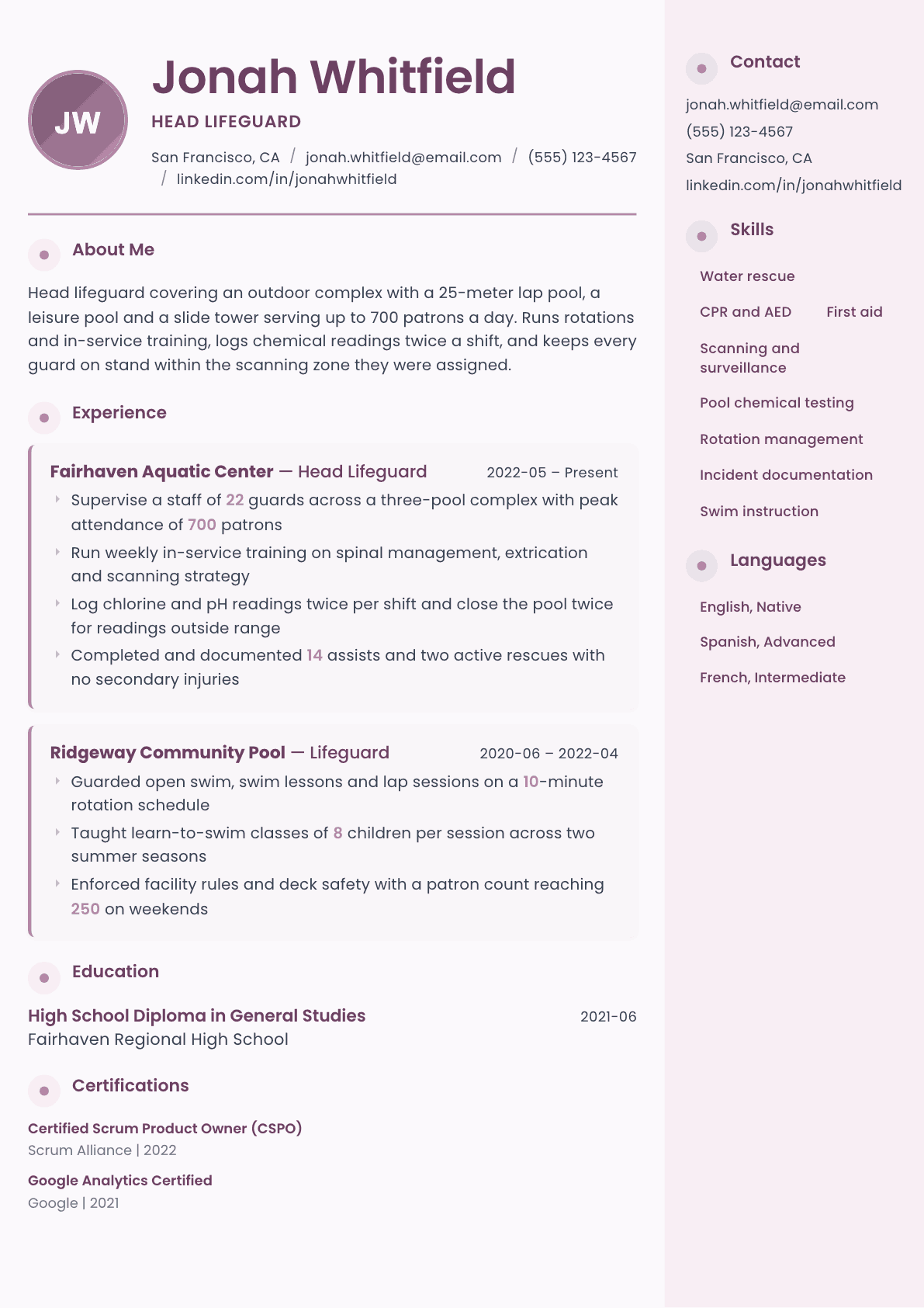 Lifeguard resume example, Bloom template