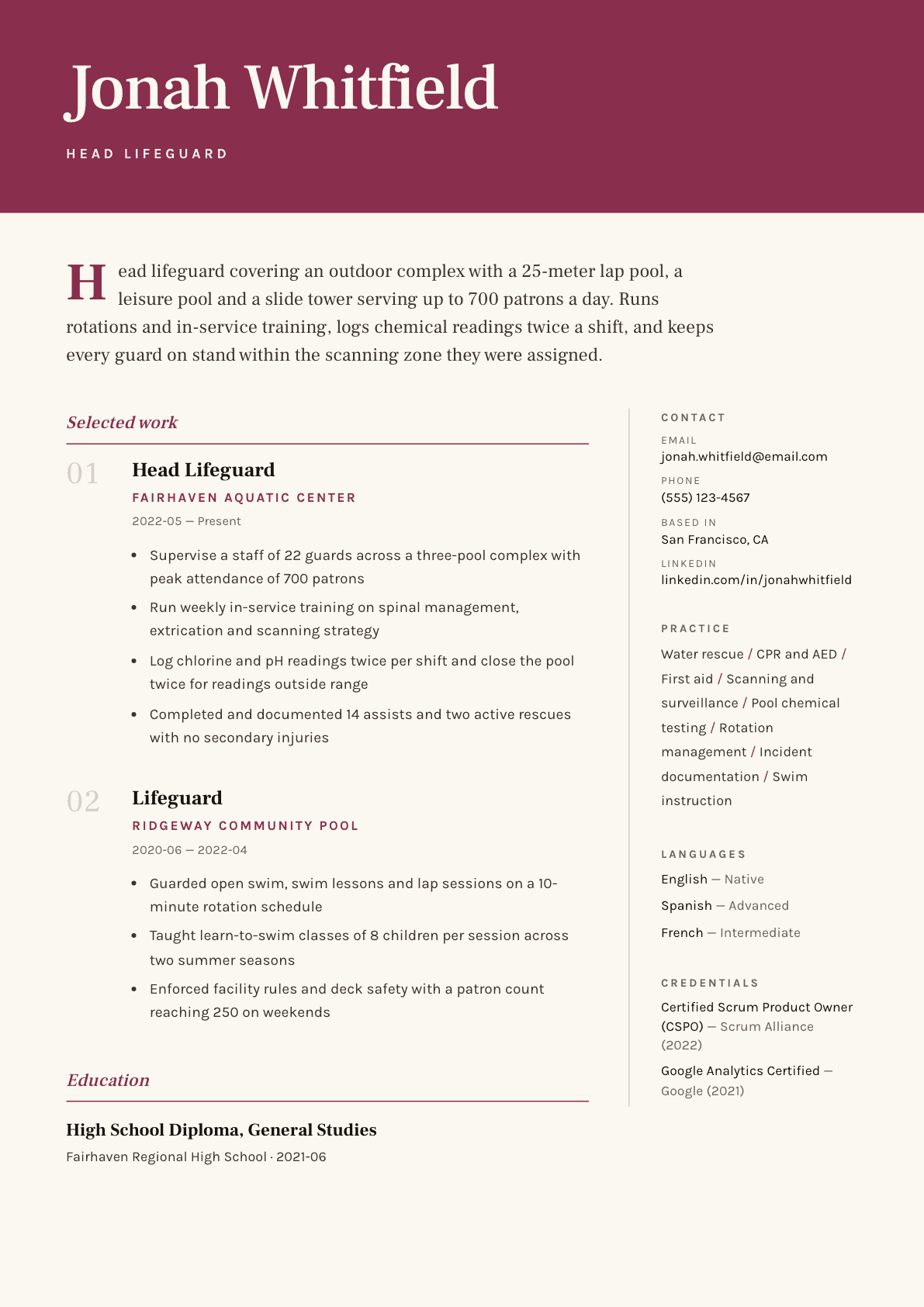 Lifeguard resume example, Pressroom template