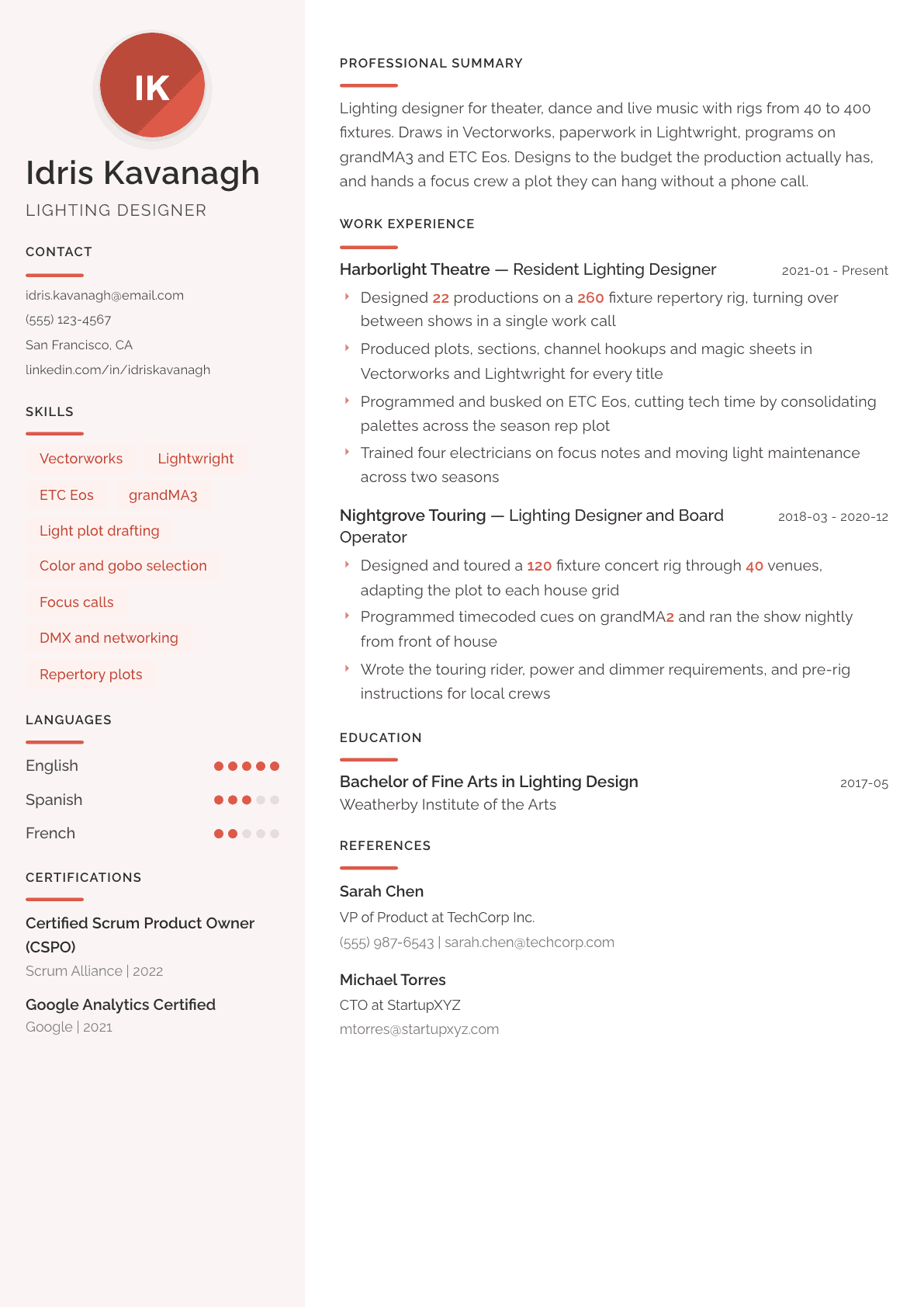 Lighting Designer resume example, Milano template