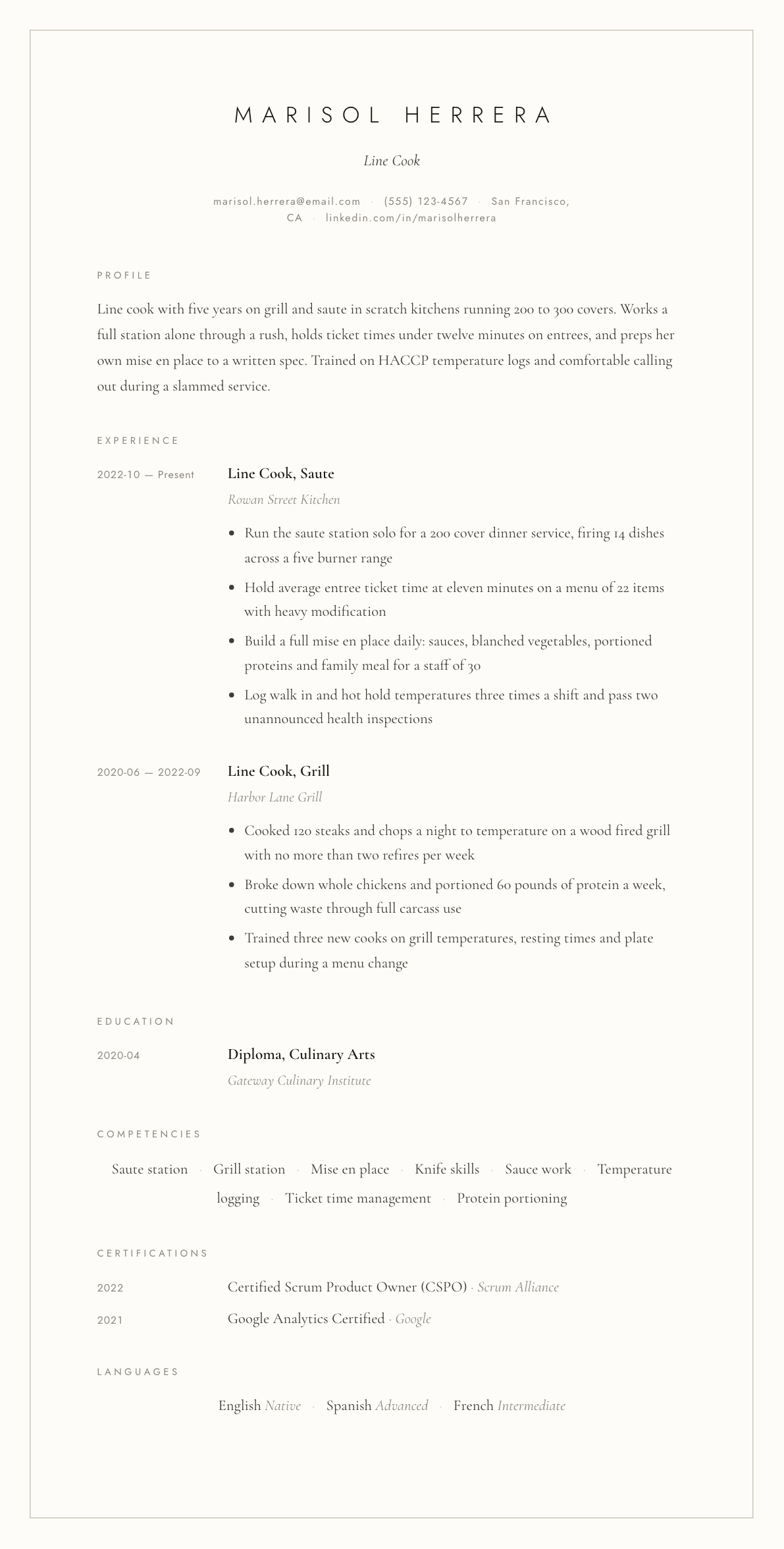 Line Cook resume example, Vellum template