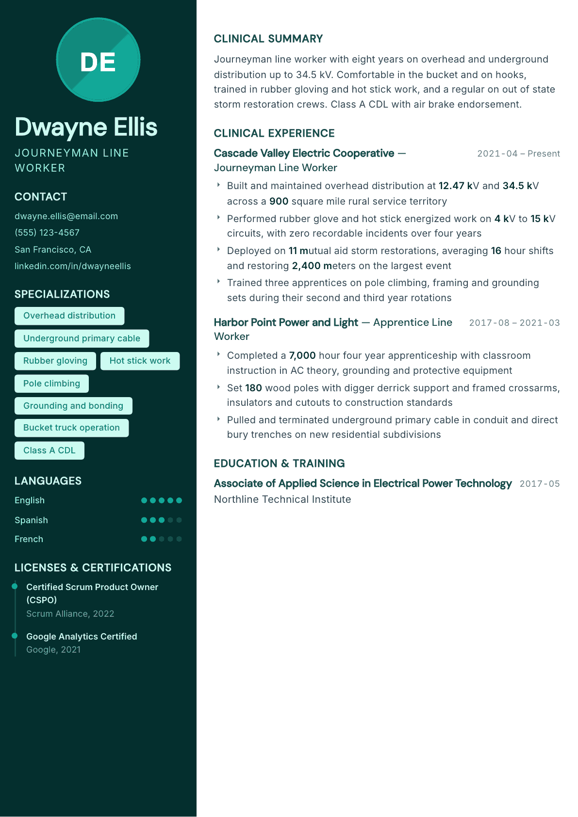 Line Worker resume example, Vitalis template