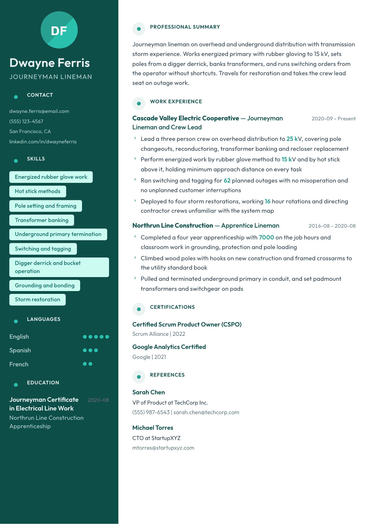 Lineman resume example, Vienna template