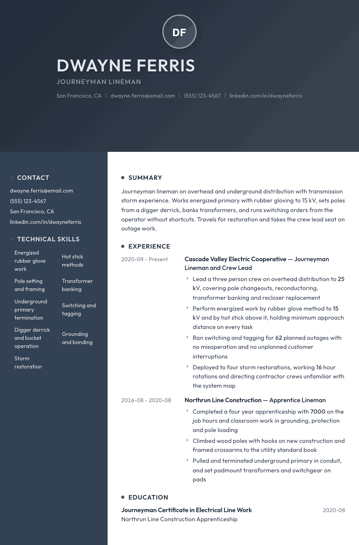 Lineman resume example, Binary template