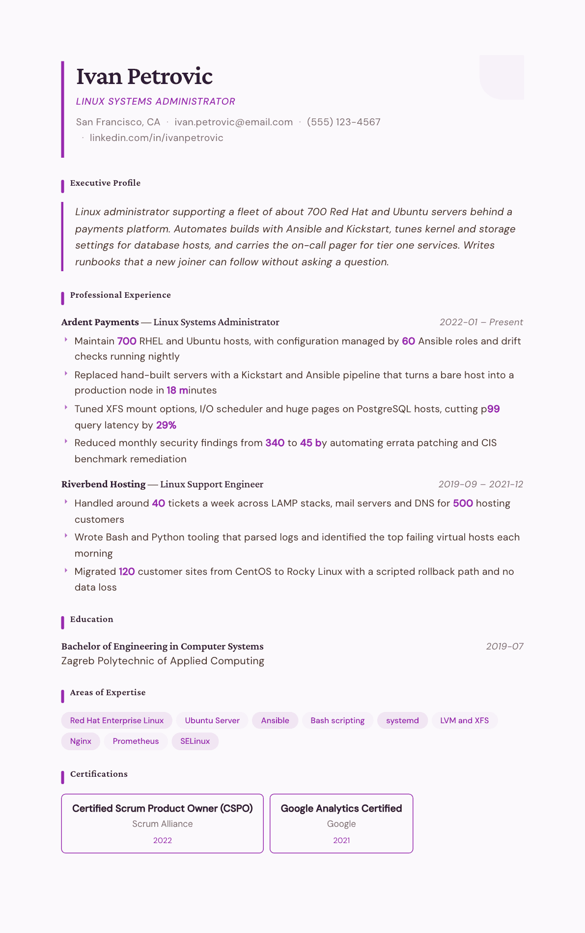 Linux Administrator resume example, Plum Noir template