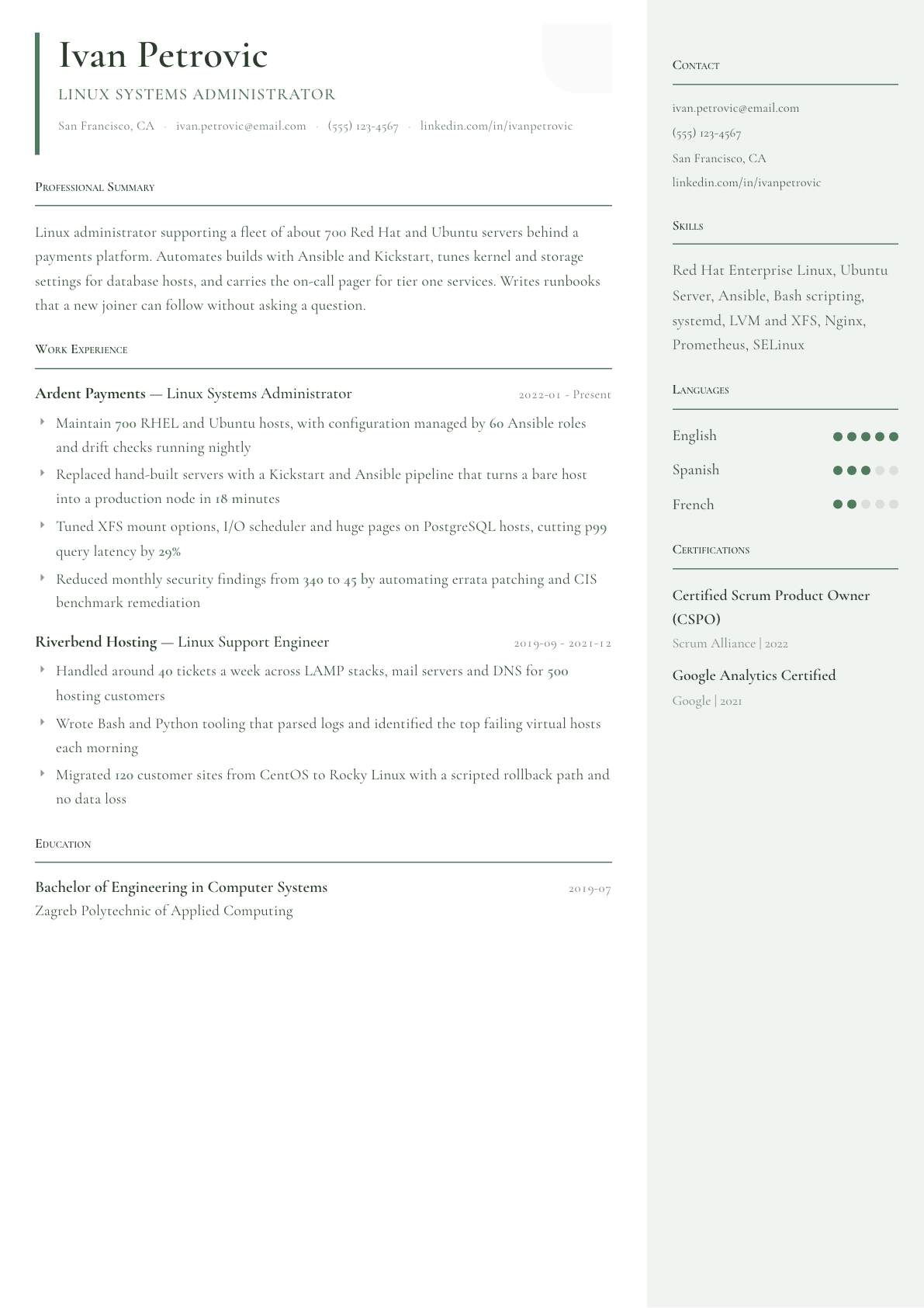 Linux Administrator resume example, Copenhagen template