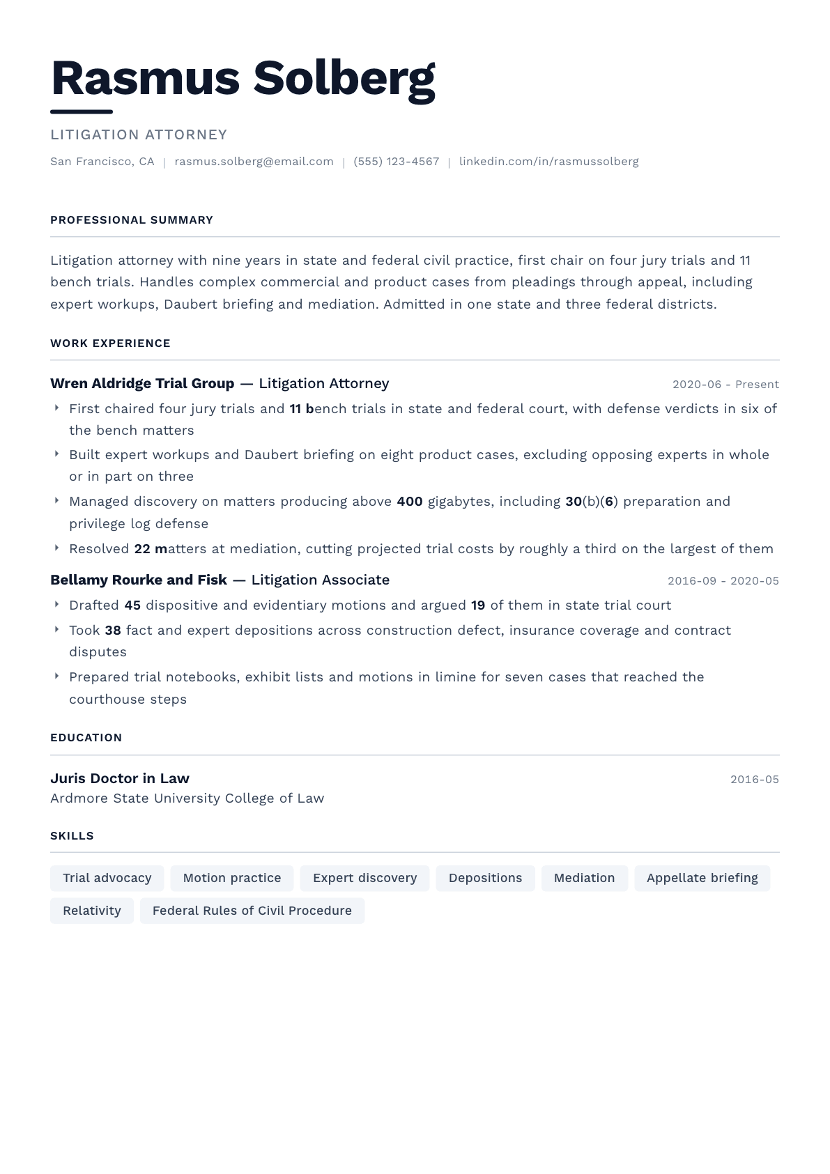 Litigation Attorney resume example, Berlin template