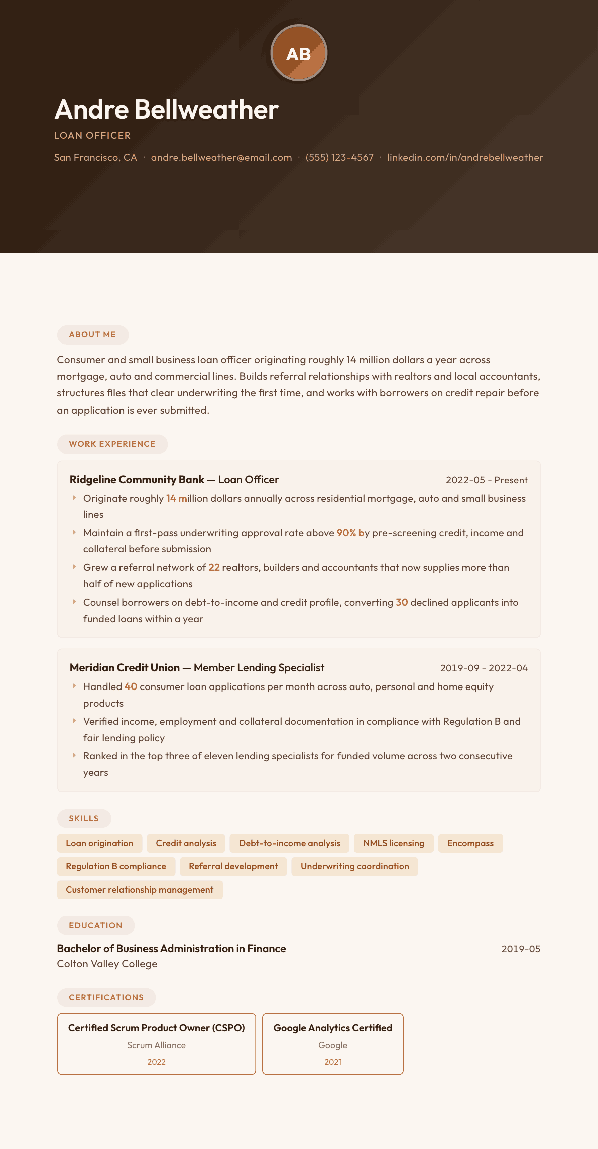 Loan Officer resume example, Terracotta Studio template