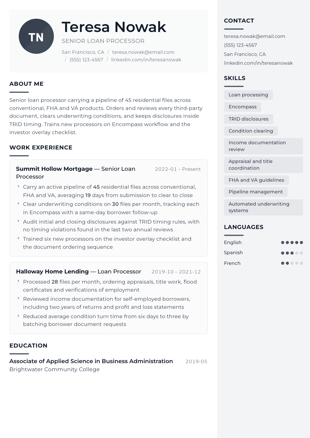 Loan Processor resume example, Metropolitan template
