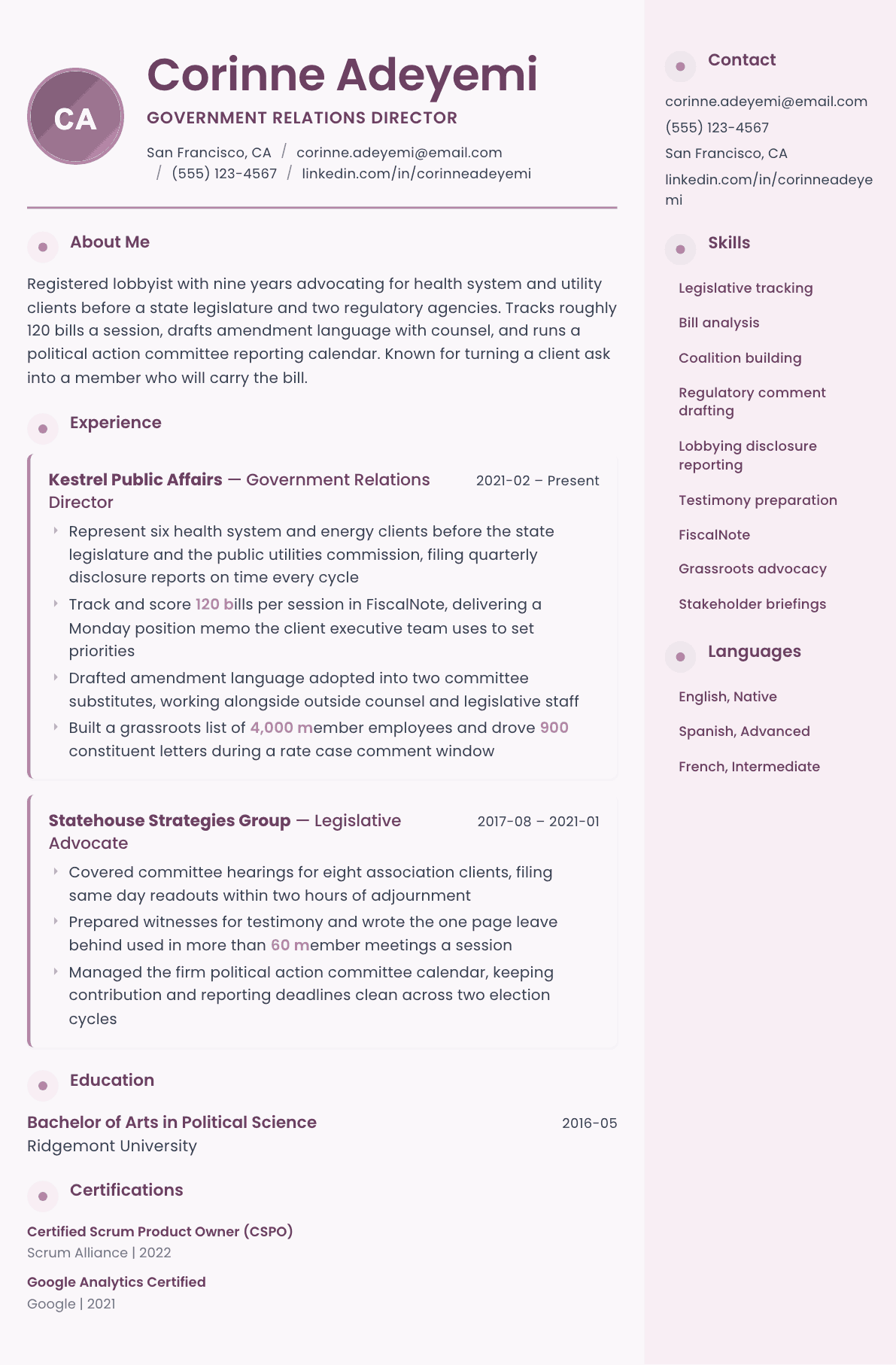 Lobbyist resume example, Bloom template