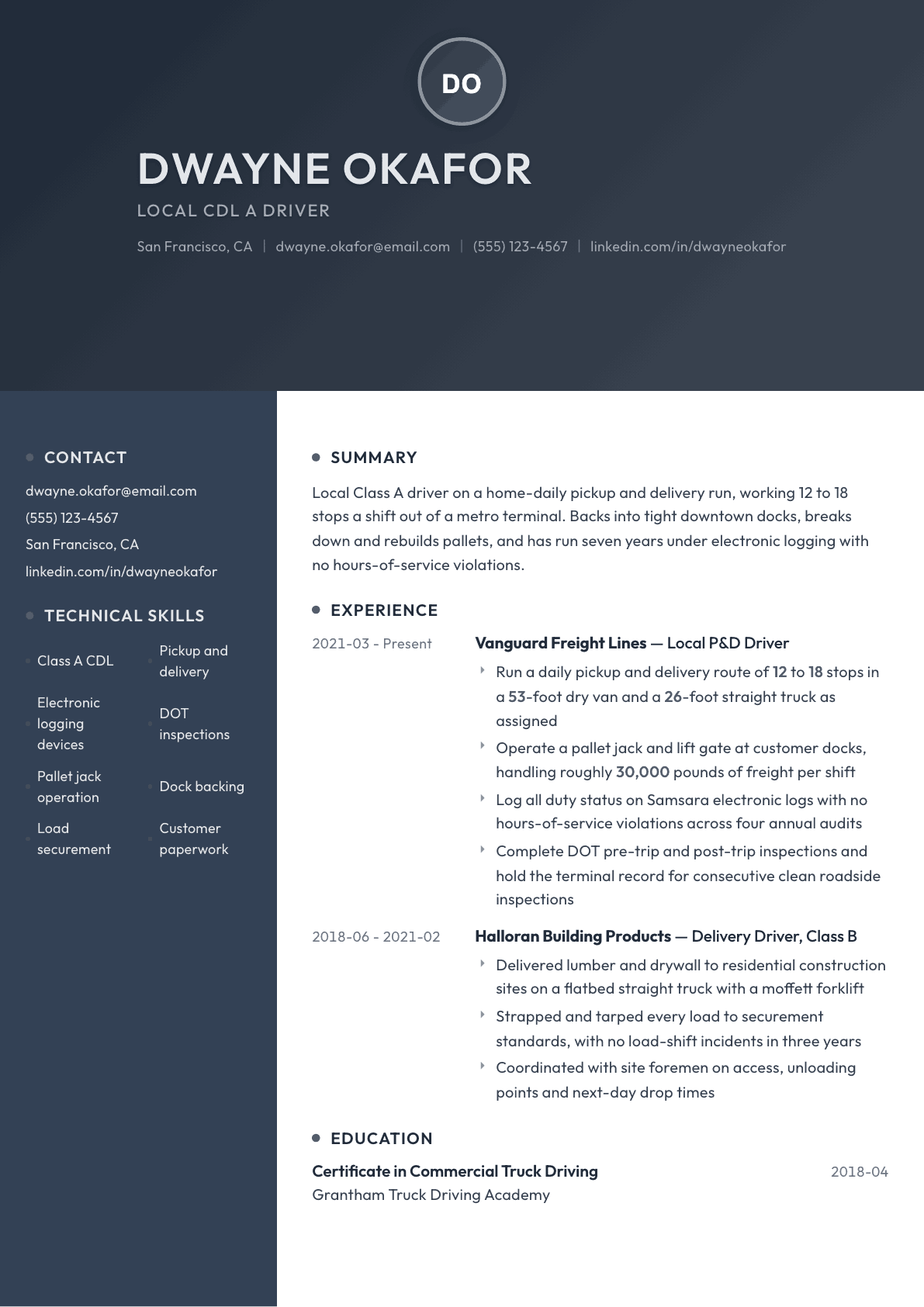 Local Truck Driver resume example, Binary template