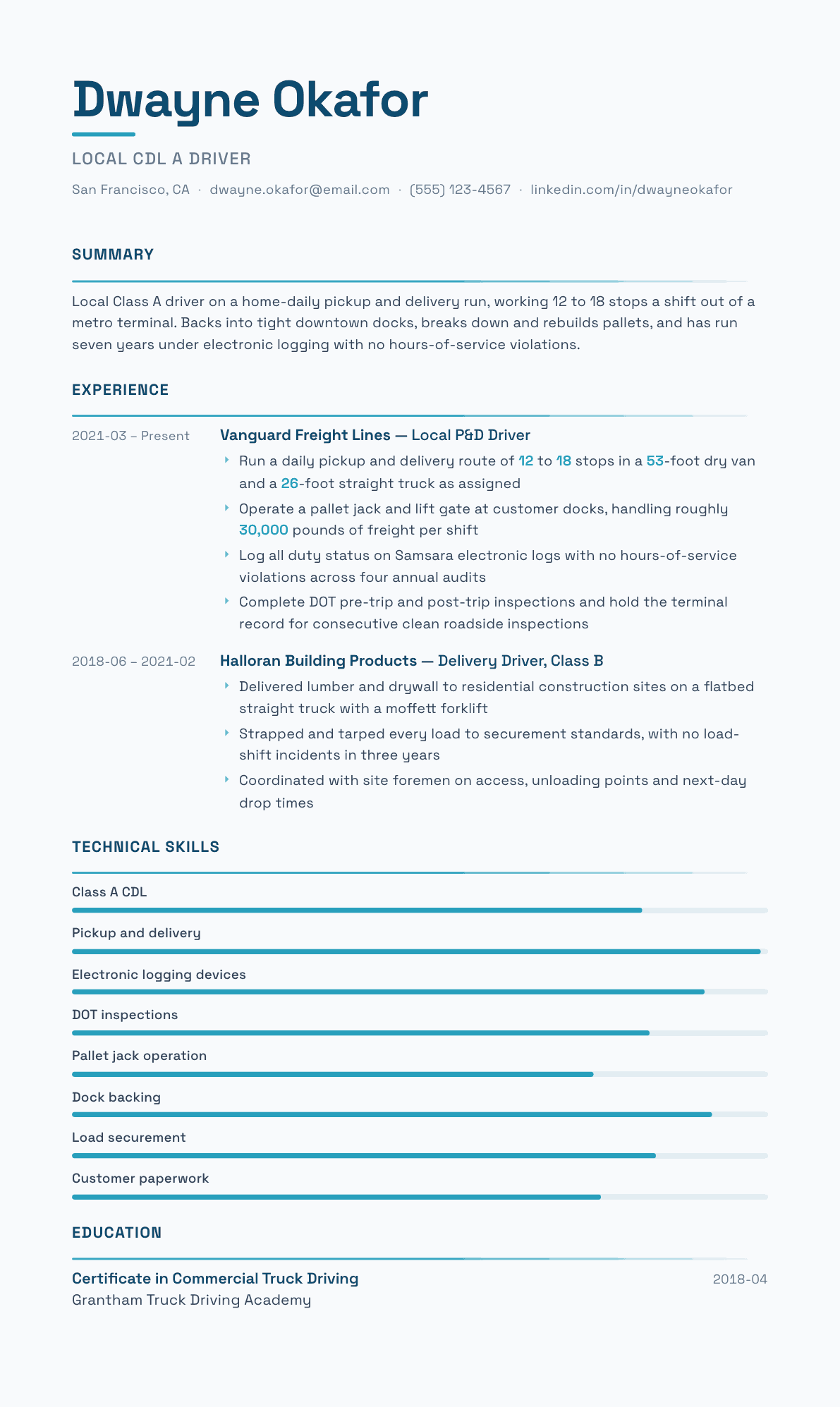 Local Truck Driver resume example, Velocity template