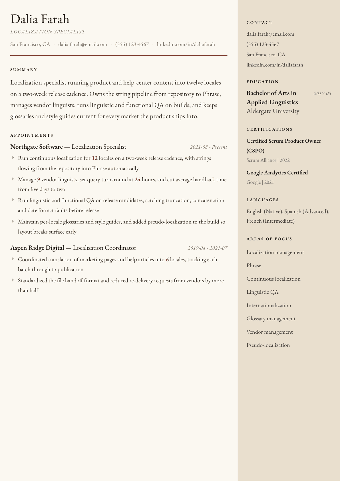 Localization Specialist resume example, Manuscript template