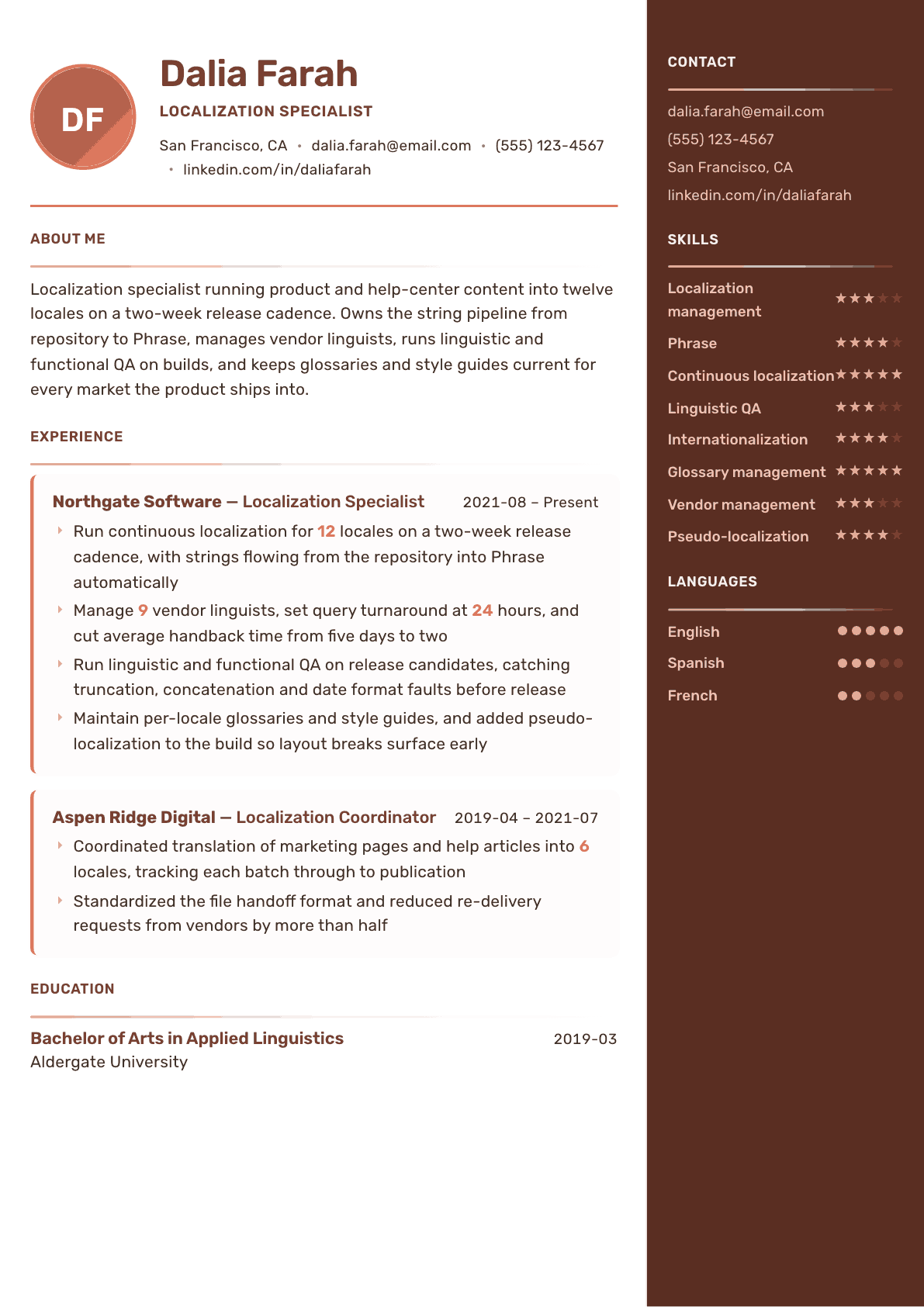 Localization Specialist resume example, Mosaic template