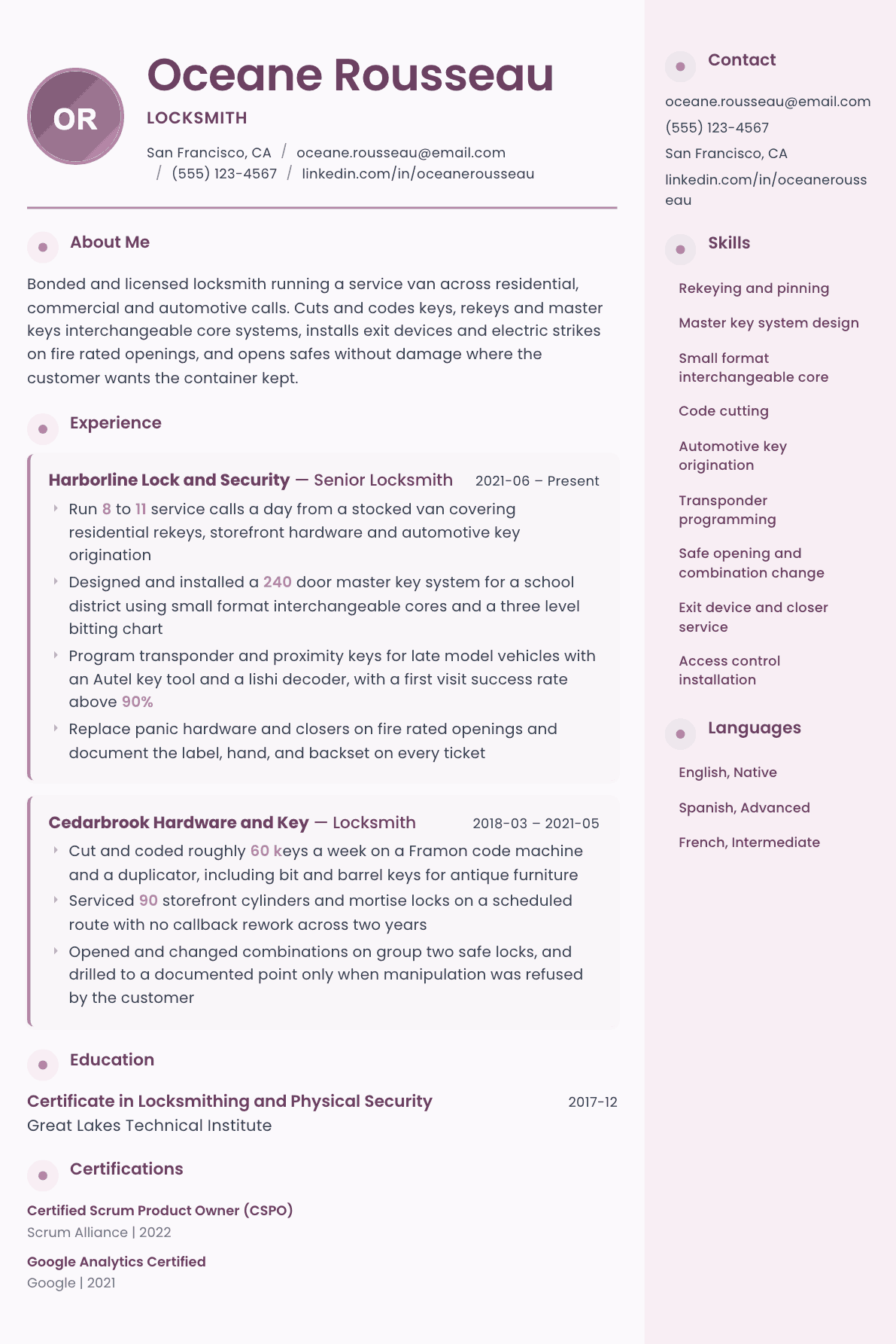 Locksmith resume example, Bloom template