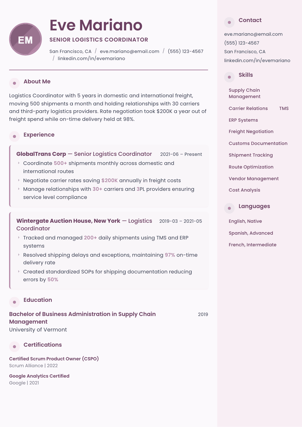 Logistics Coordinator resume example, Bloom template
