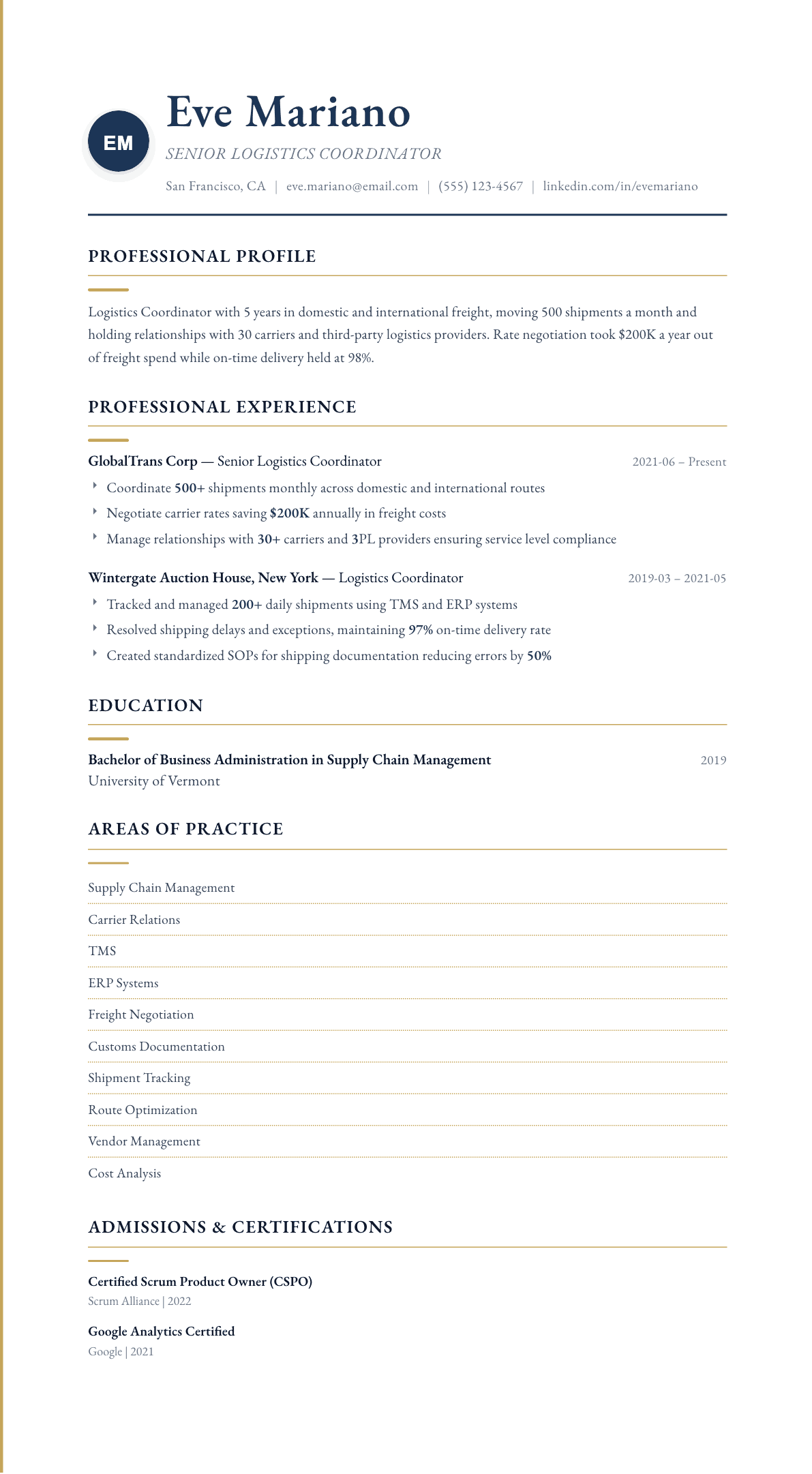 Logistics Coordinator resume example, Folio template