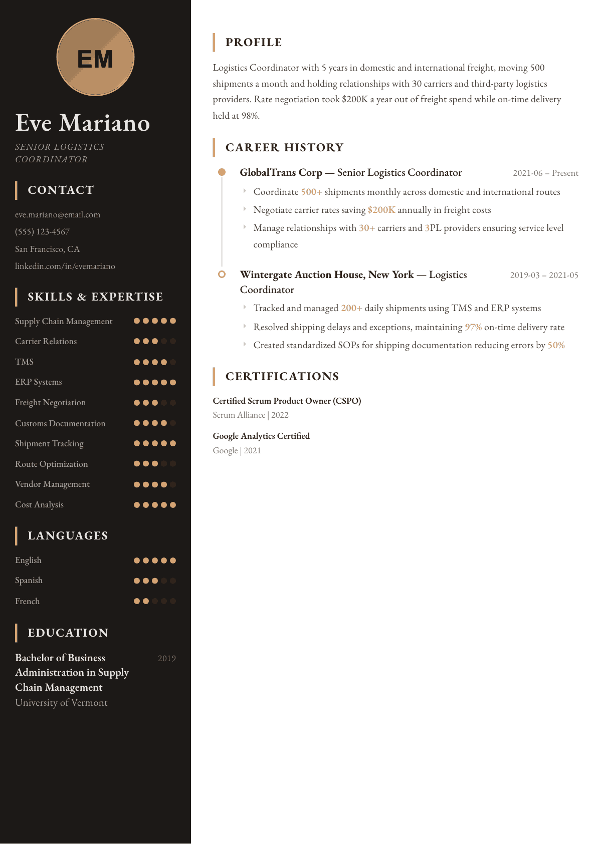 Logistics Coordinator resume example, Heritage template