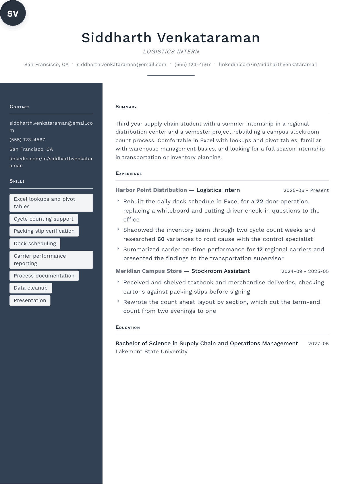 Logistics Intern resume example, Fold template