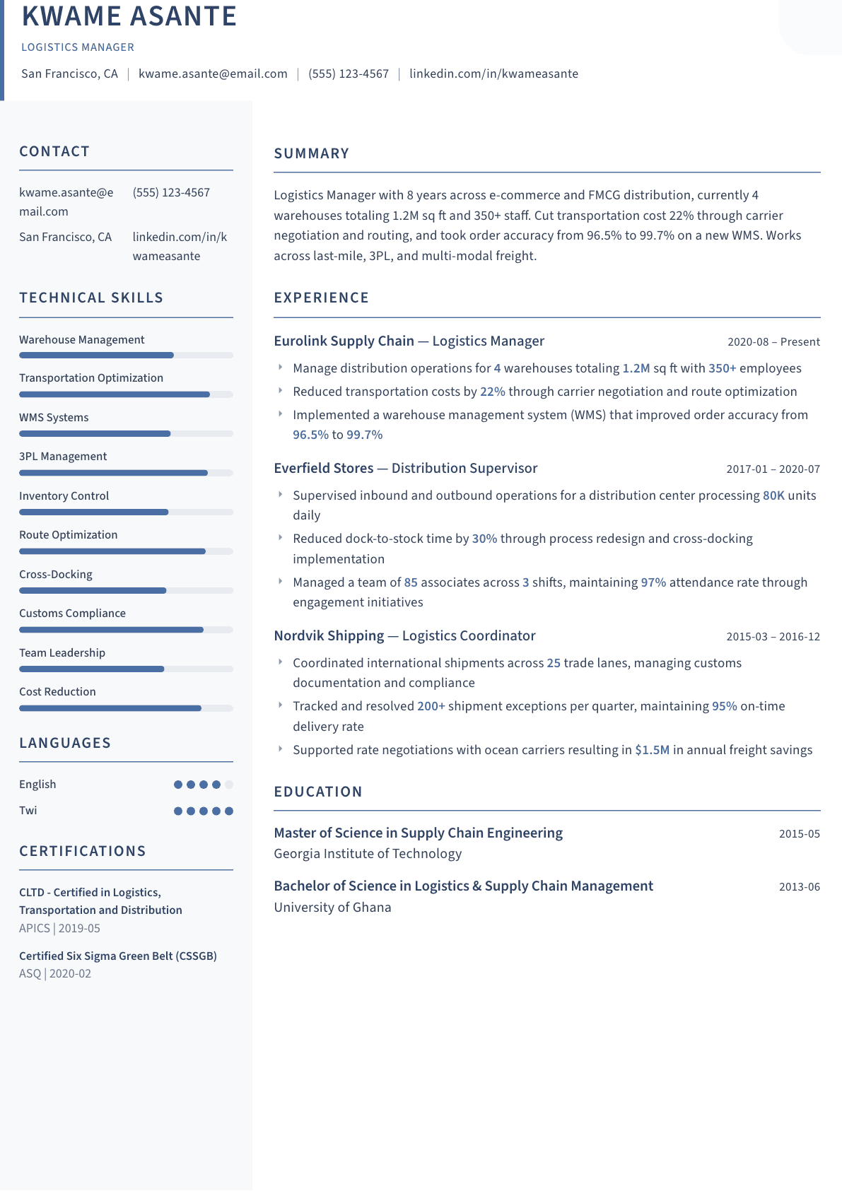 Logistics Manager resume example, Summit template