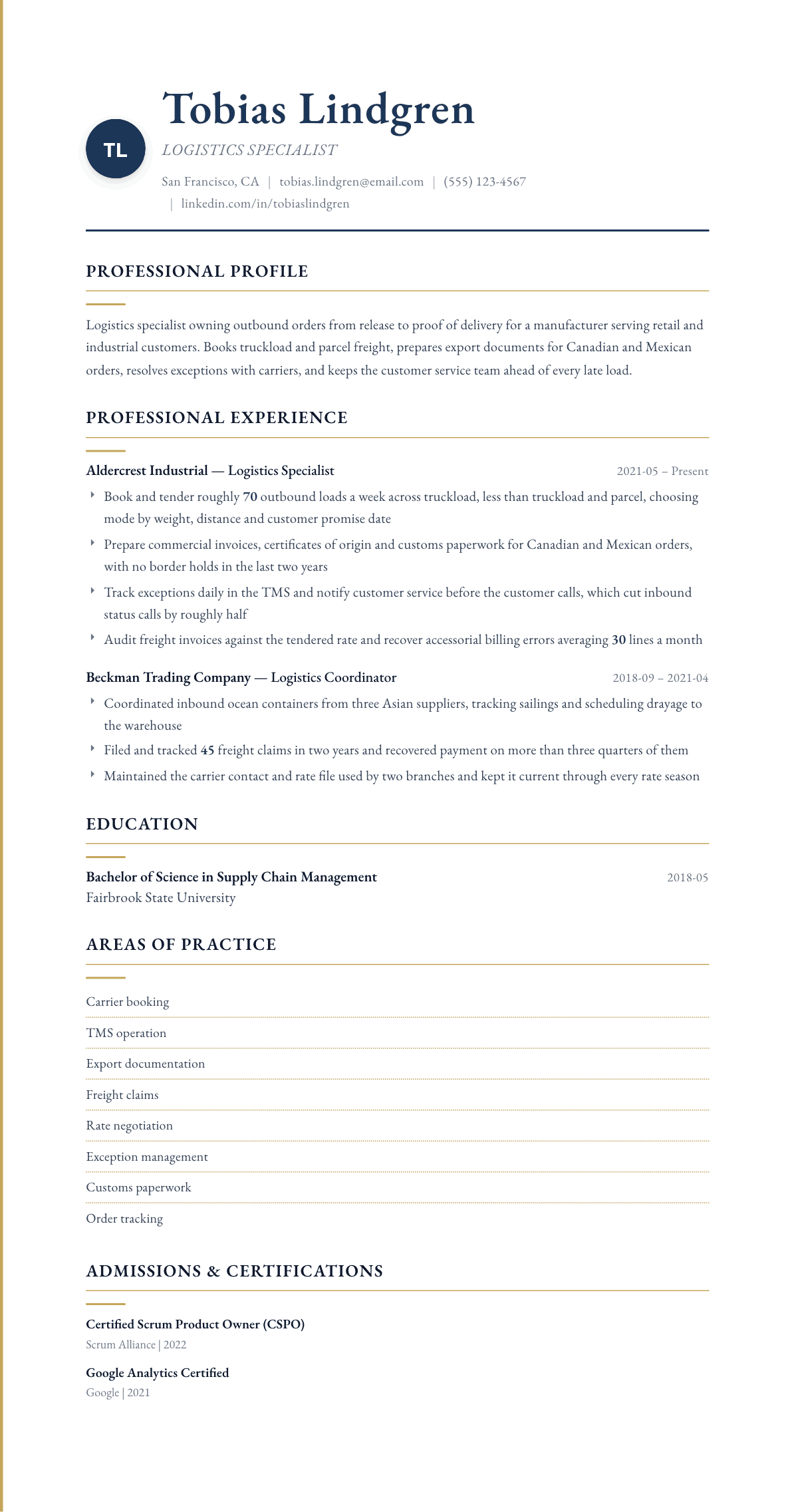 Logistics Specialist resume example, Folio template