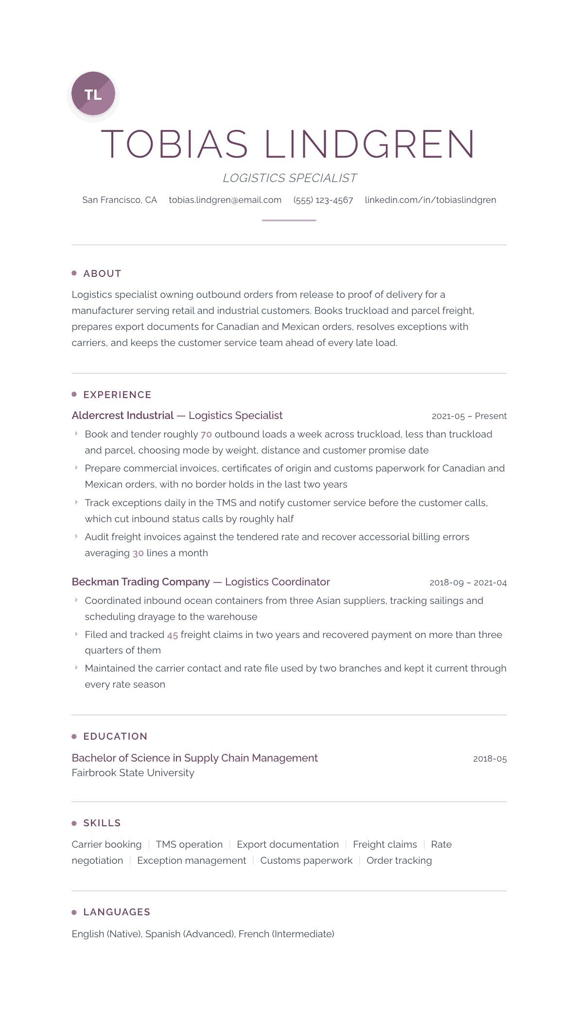 Logistics Specialist resume example, Serenity template