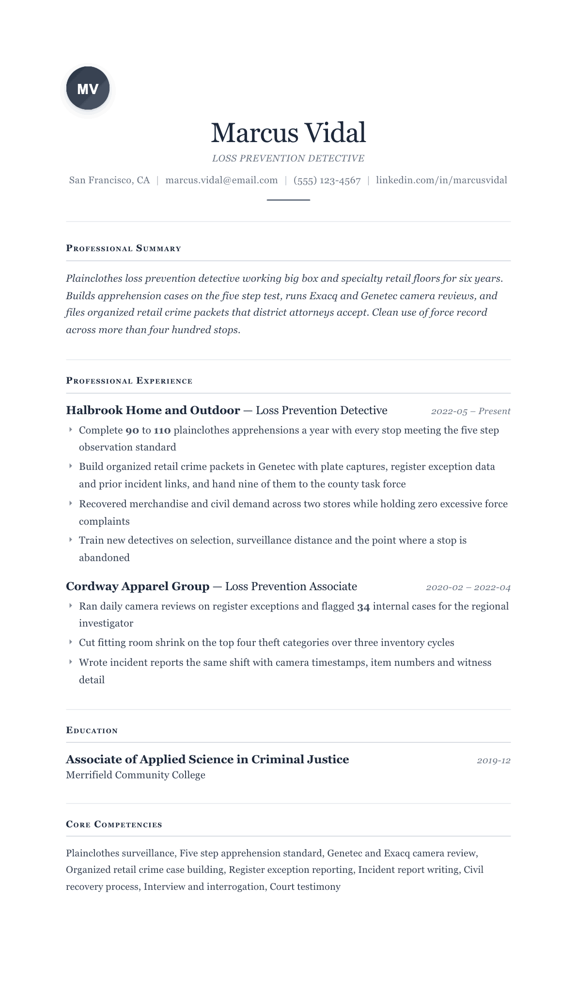 Loss Prevention Detective resume example, Cornerstone template