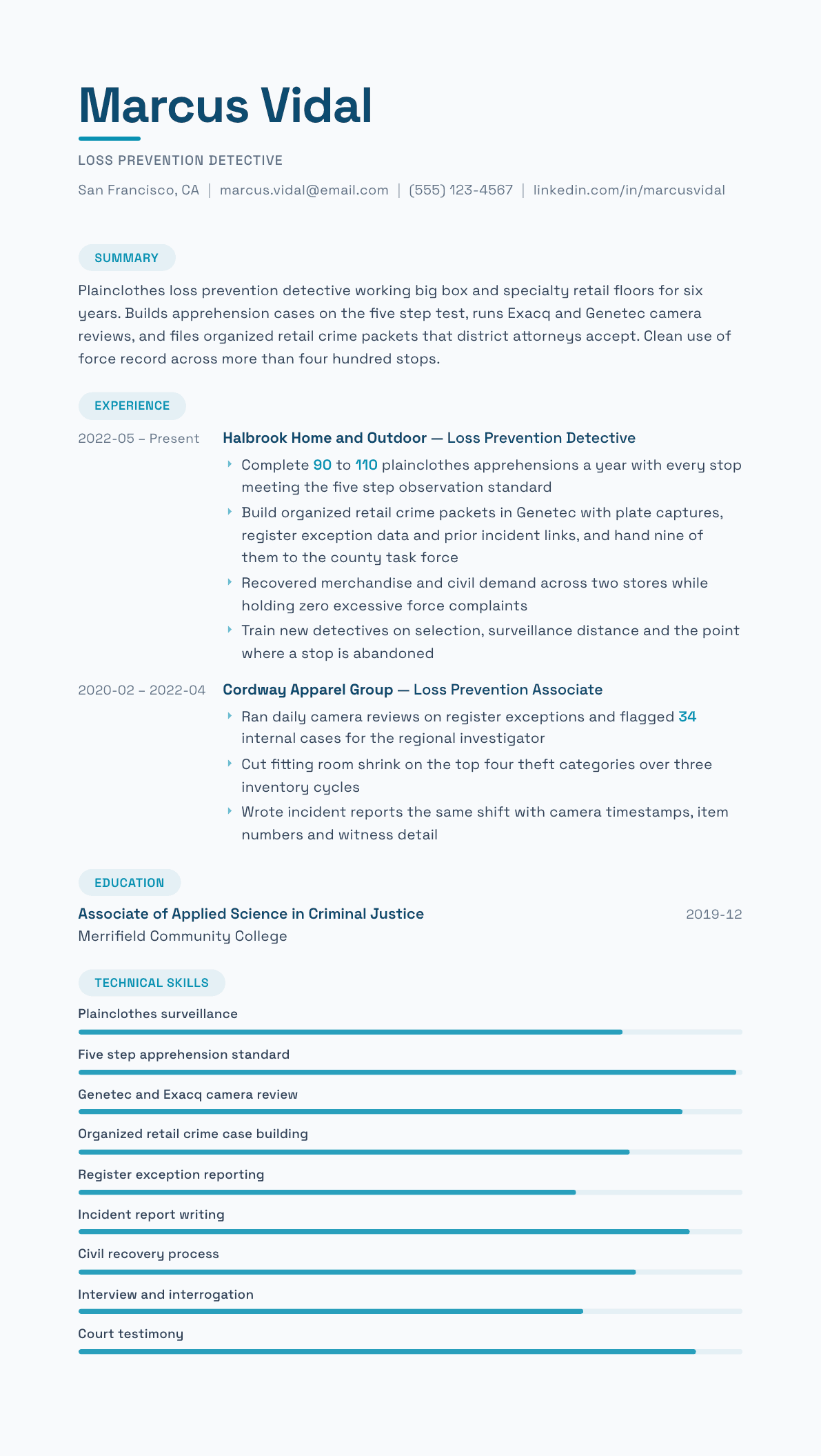 Loss Prevention Detective resume example, Horizon template
