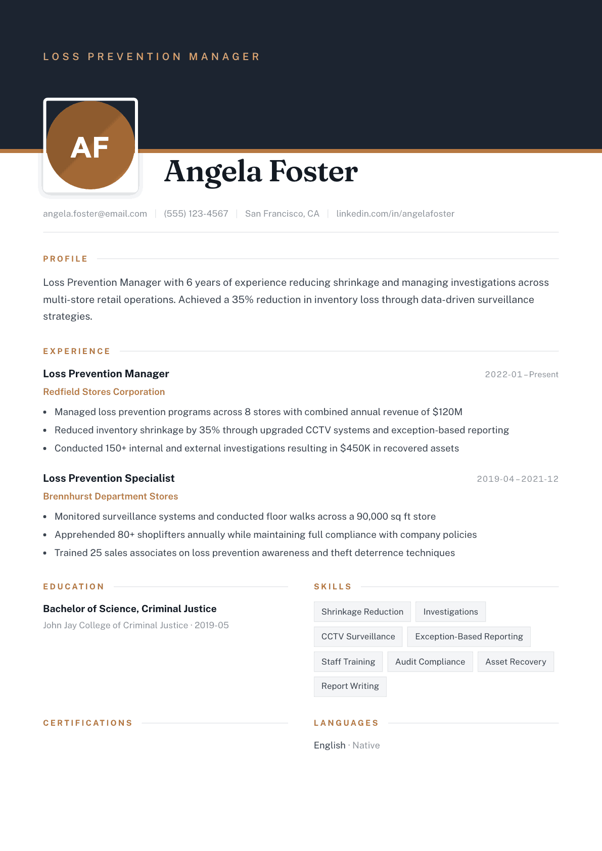 Loss Prevention Manager resume example, Atrium template