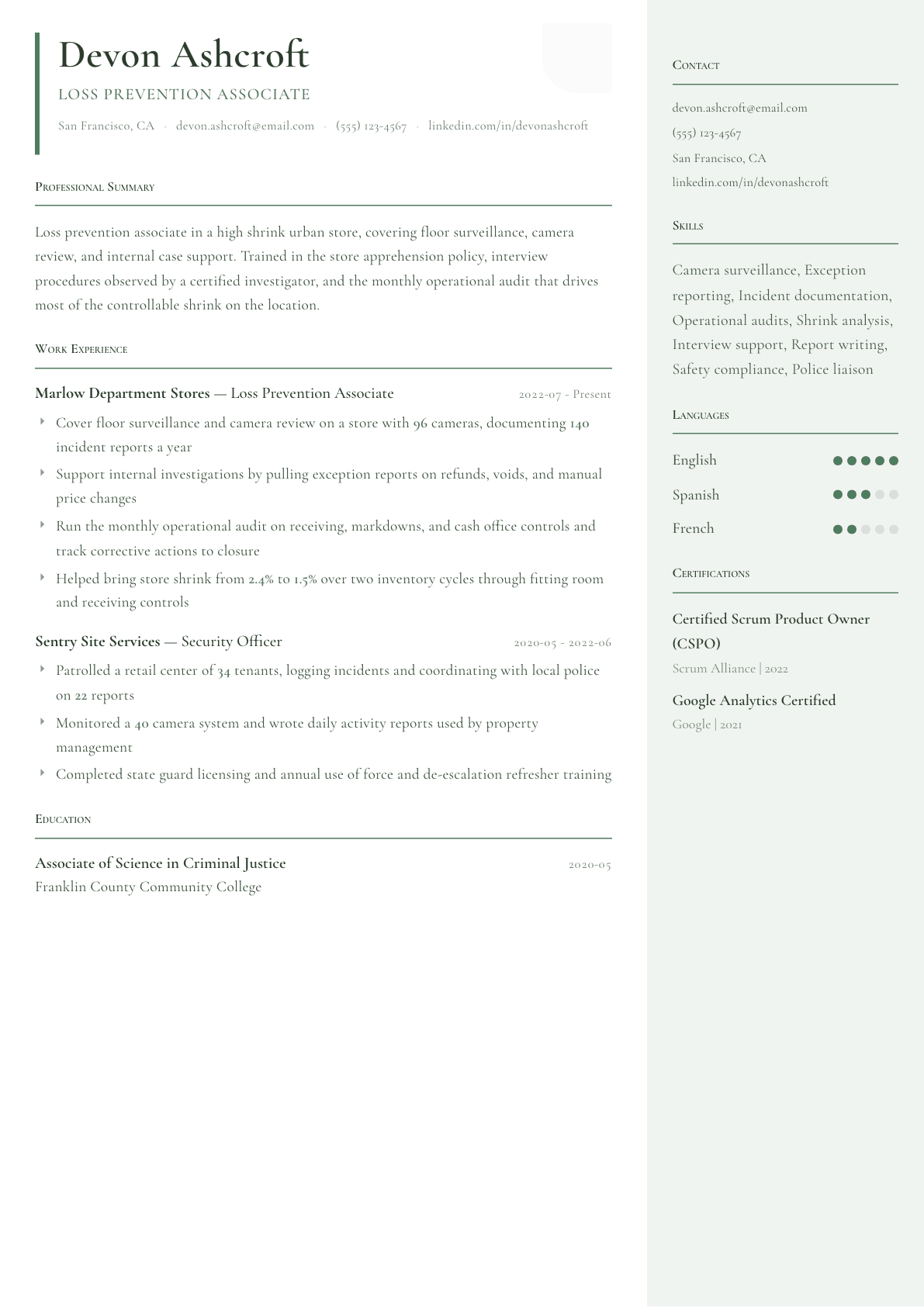 Loss Prevention resume example, Copenhagen template