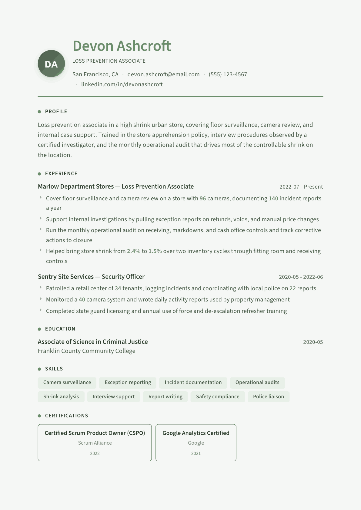 Loss Prevention resume example, Sage Garden template