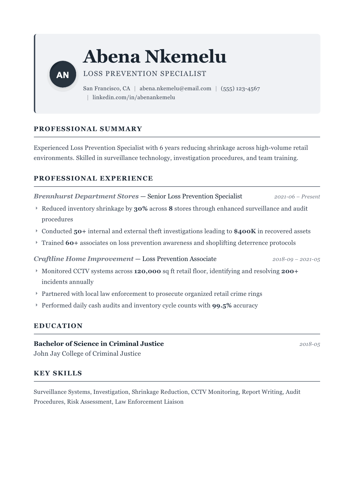 Loss Prevention Specialist resume example, Traditional template
