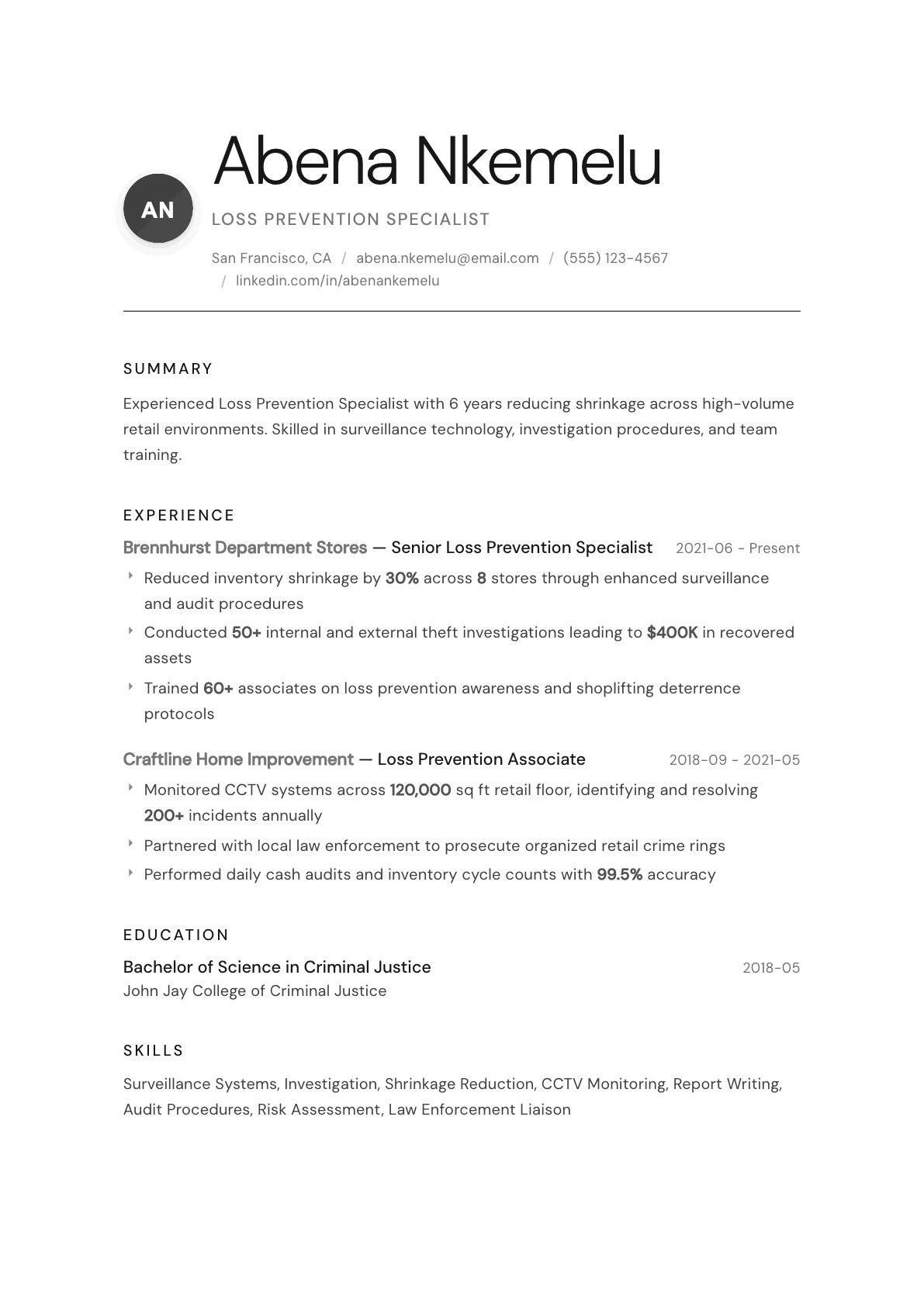 Loss Prevention Specialist resume example, Whisper template