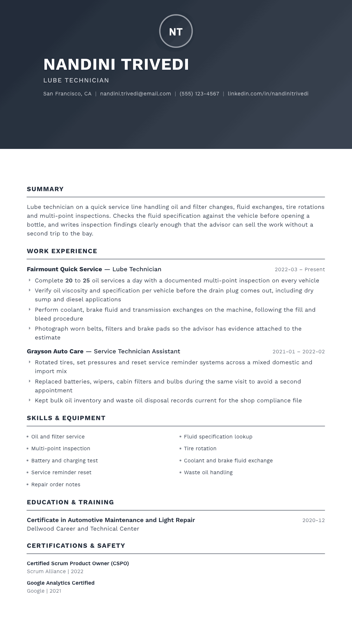 Lube Technician resume example, Foundation template