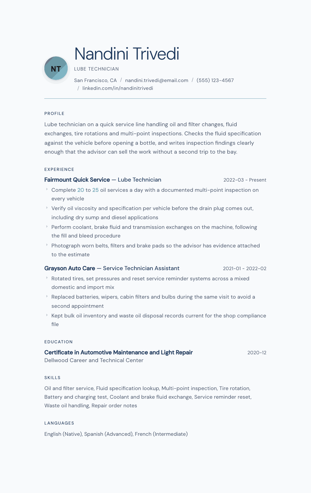Lube Technician resume example, Nordic Frost template