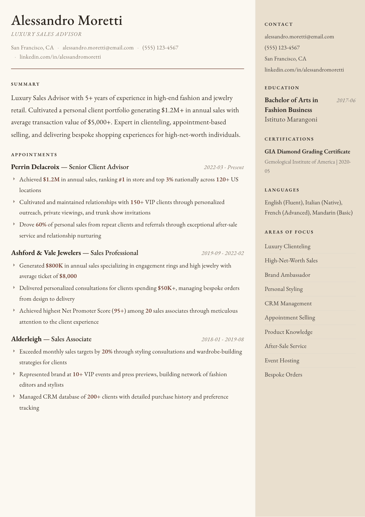 Luxury Sales Associate resume example, Manuscript template