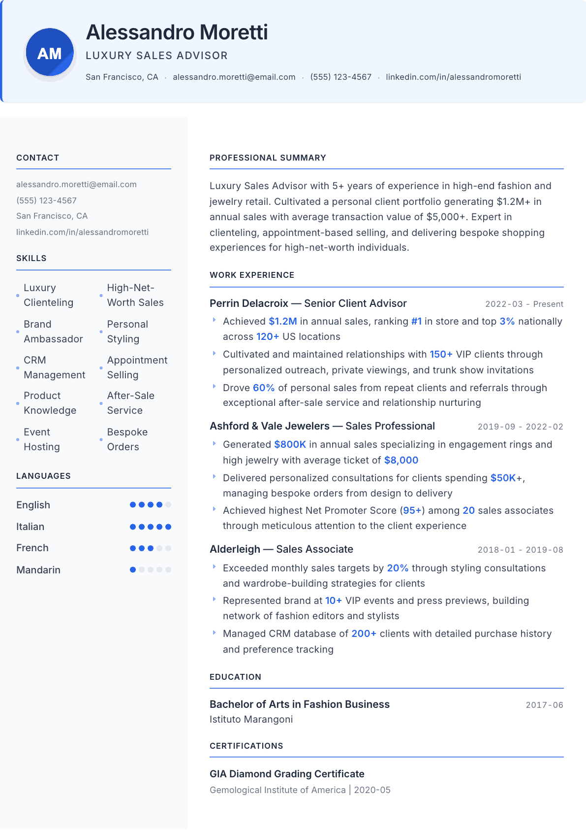 Luxury Sales Associate resume example, Geneva template