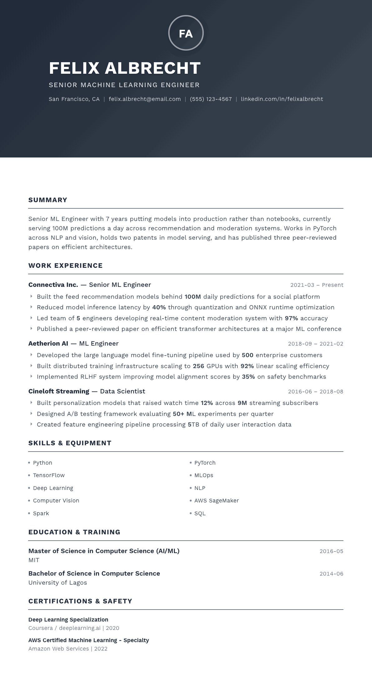 Machine Learning Engineer resume example, Foundation template
