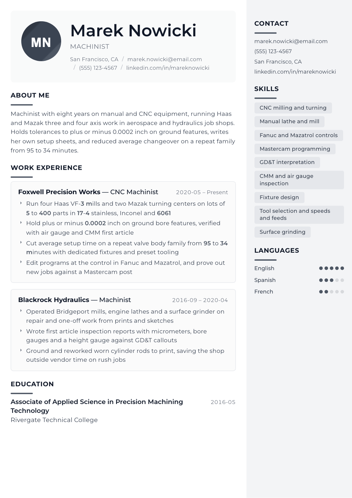 Machinist resume example, Metropolitan template
