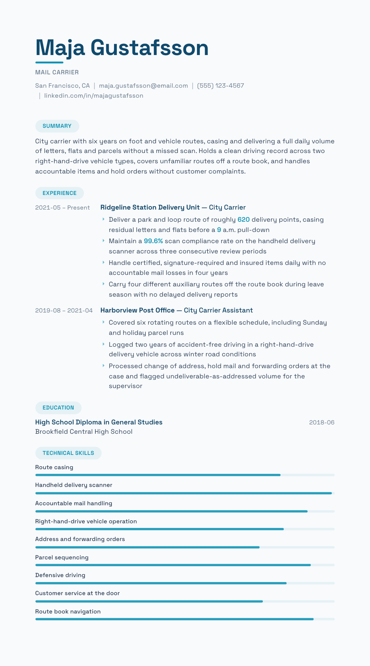 Mail Carrier resume example, Horizon template